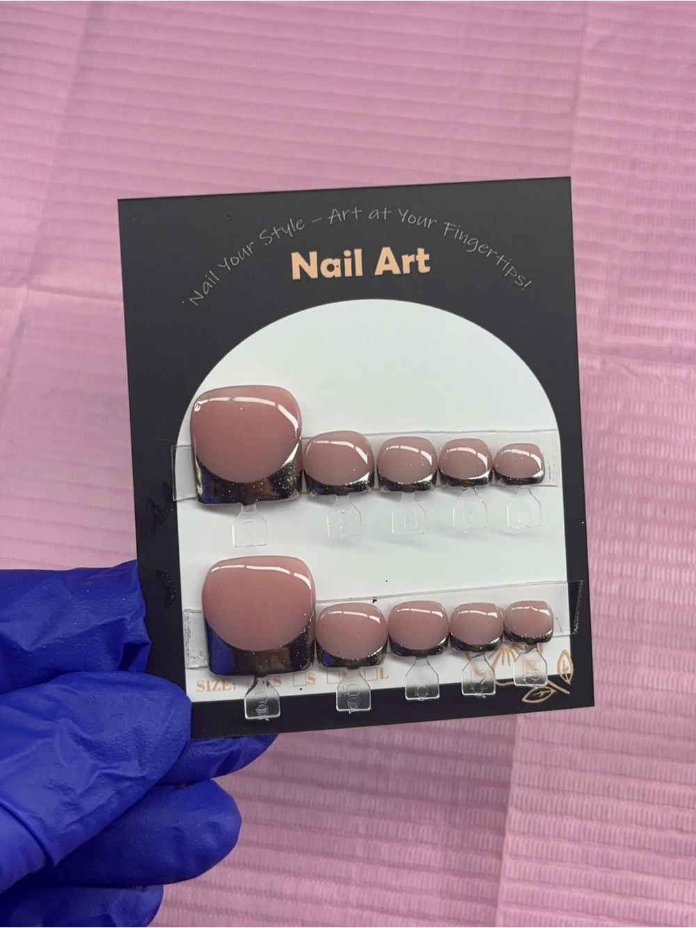 press on toenails silver chrome French tips nude base handmade builder gel
